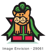 #29061 Royalty-Free Cartoon Clip Art Of An Orange Cat Stuck In A Green Ribbon Bow On A Christmas Present