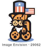#29062 Royalty-Free Cartoon Clip Art Of An Orange Cat Wearing A Fake White Beard And An American Hat And Waving A Flag On Independence Day