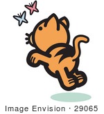 #29065 Royalty-Free Cartoon Clip Art Of A Frisky Orange Cat Chasing Pink And Blue Butterflies In The Spring