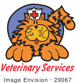 #29067 Royalty-Free Cartoon Clip Art Of An Orange Cat Wearing A White Nursing Hat With A Red Cross On It Above Text Reading &Quot;Veterinary Services&Quot;
