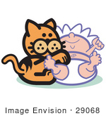 #29068 Royalty-Free Cartoon Clip Art Of An Orange Cat Playing With A Baby