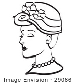 #29086 Royalty-Free Black And White Cartoon Clip Art Of A Pretty Young Woman Wearing A Hat With Flowers And A Pearl Necklace