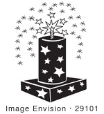 #29101 Royalty-Free Black And White Cartoon Clip Art Of A July 4th Fireworks Fountain With Stars