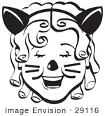 #29116 Royalty-Free Black And White Cartoon Clip Art Of A Pretty Curly Red Haired Girl Wearing A Cat Eared Headband On Halloween
