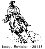 #29118 Royalty-Free Black And White Cartoon Clip Art Of A Roper Cowboy On A Horse