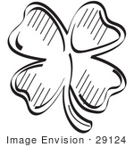 #29124 Royalty-Free Black And White Cartoon Clip Art Of A Lucky Shamrock With Four Leaves