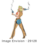 #29128 Royalty-Free Cartoon Clip Art Of An Attractive Blonde Cowgirl Wearing Blue Jeans And Chaps Holding Two Smoking Pistils After Shooting Guns