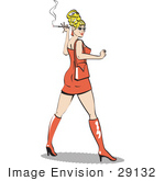#29132 Royalty-Free Cartoon Clip Art Of A Sexy Blond Bombshell Woman Wearing A Tight Orange Dress Looking Back And Smoking A Cigarette