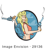 #29136 Royalty-Free Cartoon Clip Art Of A Beautiful Cowgirl With Blond Hair Wearing A Short Shirt And Blue Cowboy Hat And Holding Two Smoking Pistils