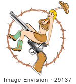 #29137 Royalty-Free Cartoon Clip Art Of A Sexy Blond Woman In A Short Halter Top And Short Mini Skirt Wearing Cowboy Boots And Holding Up Her Hat While Riding A Pistil Surrounded By Barbed Wire