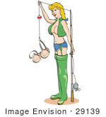 #29139 Royalty-Free Cartoon Clip Art Of A Sexy Blond Woman In Fishing Gear Holding Up Her Bra In A Hook