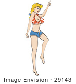 #29143 Royalty-Free Cartoon Clip Art Of A Sexy Blond Woman Wearing A Small Red And White Polka Dot Halter Top And Daisy Duke Blue Jean Shorts Hitchhiking For A Ride