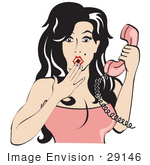 #29146 Royalty-Free Cartoon Clip Art Of A Sexy Surprised Brunette Woman Covering Her Mouth And Holdnig A Pink Telephone