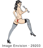 #29203 Royalty-Free Cartoon Clip Art Of A Sexy Topless Brunette Woman In A Red Thong Stockings And Heels Looking Back Over Her Shoulder And Holding A Wrench And Stradling Something Invisible