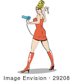 #29208 Royalty-Free Cartoon Clip Art Of A Sexy Blond Bombshell Beautician Woman Wearing A Tight Orange Dress And Tall Orange Boots And Holding A Pair Of Scissors And Blow Dryer At A Salon