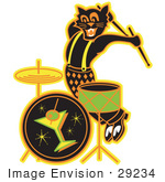 #29234 Royalty-Free Cartoon Clip Art Of A Black Cat Playing The Drums While Entertaining At A Bar