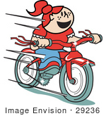 #29236 Royalty-Free Cartoon Clip Art Of A Happy Red Haired Girl Speeding Downhill On Her Brand New Red Bike Retro