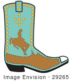 #29265 Royalty-Free Cartoon Clip Art Of A Turquoise And Brown Boot Of A Cowboy In Silhouette Riding A Bucking Bronco