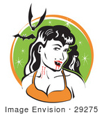 #29275 Royalty-Free Cartoon Clip Art Of A Pale Black Haired Female Vampire With Blood Dripping Off Of Her Fanges And Onto Her Chin Showing The Bite Marks On Her Neck While Two Bats Fly Above