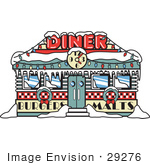 #29276 Royalty-Free Cartoon Clip Art Of A Retro Diner In Snow Decorated In Christmas Wreaths And Lights