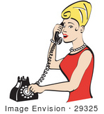 #29325 Royalty-Free Cartoon Clip Art Of A Pretty Blond Woman With Tall Hair Wearing Pearls And A Red Dress And Talking On A Rotary Dial Landline Telephone