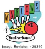 #29340 Royalty-Free Cartoon Clip Art Of A Red Bowling Ball Crashing Into Bowling Pins On A Vintage Marlows Bowl O Rama Sign