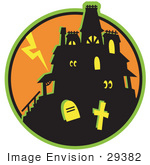 #29382 Royalty-Free Cartoon Clip Art Of A Glowing Eyes Peeking Out From Windows In A Silhouetted Haunted House Against An Orange Sky With Lightning And Graves In The Foreground