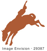 #29387 Royalty-Free Cartoon Clip Art Of A Brown Silhouette Of A Cowboy Riding A Bucking Bronco And Holding One Arm Up In The Air In A Rodeo