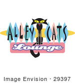#29397 Royalty-Free Cartoon Clip Art Of A Slender Solid Black Cat Sitting In The Center Of Green Blue And Pink Diamonds On A Vintage Alley Cats Lounge Sign
