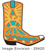 #29420 Royalty-Free Cartoon Clip Art Of An Orange Aztec Style Cowboy Boot With Blue And Yellow Accents Around A Bird