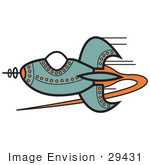 #29431 Royalty-Free Cartoon Clip Art Of A Blue Rocket With Orange Studs Flying Through Outer Space