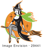 #29441 Royalty-Free Cartoon Clip Art Of A Cute Black Haired Witch In A Pointy Hat Long Black Dress And Fishnet Stockings Sitting Cross Legged On A Broomstick While Flying Through The Night Sky