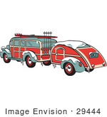 #29444 Royalty-Free Cartoon Clip Art Of A Green And Red Woody Car Hauling A Trailer And Carrying Skis And Poles On The Roof