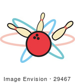 #29467 Royalty-Free Cartoon Clip Art Of A Red Bowling Ball Hitting Three Bowling Pins