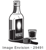 #29491 Royalty-Free Black And White Cartoon Clip Art Of A Bottle Of Whiskey By A Shot Glass In A Bar