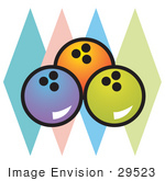 #29523 Royalty-Free Cartoon Clip Art Of A Blue Orange And Green Bowling Balls Over Colorful Diamonds