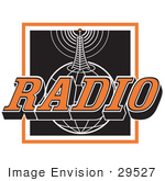 #29527 Royalty-Free Cartoon Clip Art Of An Orange White And Black Radio Sign With A Communications Tower Transmitting Information On Top Of A Globe
