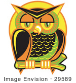 #29589 Royalty-Free Cartoon Clip Art Of A Wise And Colorful Owl Perched On A Branch At Night Against A Full Moon