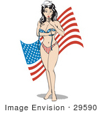 #29590 Royalty-Free Cartoon Clip Art Of A Sexy Brunette Woman In A Stars And Stripes Bikini With A Surprised Look On Her Face As Her Top Falls Off Standing In Front Of An American Flag