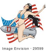#29599 Royalty-Free Cartoon Clip Art Of A Sexy Brunette Woman In A Stars And Stripes Bikini Riding A Rocket In Front Of An American Flag