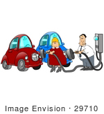 #29710 Clip Art Graphic Of A Husband And Wife Plugging In Their Electric Cars To Charge