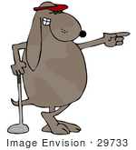 #29733 Clip Art Graphic Of A Happy Dog Pointing While Leaning On A Golf Club