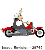 #29769 Clip Art Graphic Of A Male Biker Flipping Someone Off In A Fit Of Road Rage While Flying Down The Road On His Red Motorcycle