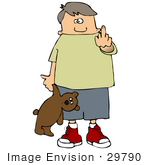 #29790 Clip Art Graphic Of A Clueless Boy Holding A Teddy Bear And Holding Up His Middle Finger