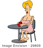 #29809 Clip Art Graphic Of A Pretty Blond Woman In A Pink Dress Sitting Barefoot At A Table And Drinking Coffee