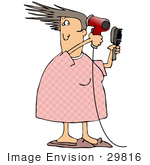 #29816 Clip Art Graphic Of A Woman In Pjs And Slippers Holding A Hairbrush And Using A Powerful Blow Dryer To Style Her Hair