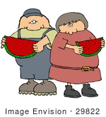 #29822 Clip Art Graphic Of A Man And Woman Eating Watermelon Together