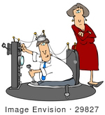 #29827 Clip Art Graphic Of An Angry Wife Staring At Her Husband While He Tries To Complete His Time Machine Invention