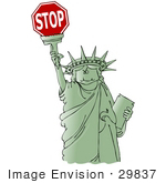 #29837 Clip Art Graphic Of A Green Statue Of Liberty Smiling And Holding The Torch High Above Her Head