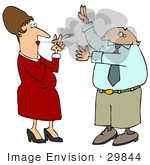 #29844 Clip Art Graphic Of A Man Holding His Arms Up In Front Of His Face And Waving Away Cigarette Smoke While A Woman Blows It In His Direction
